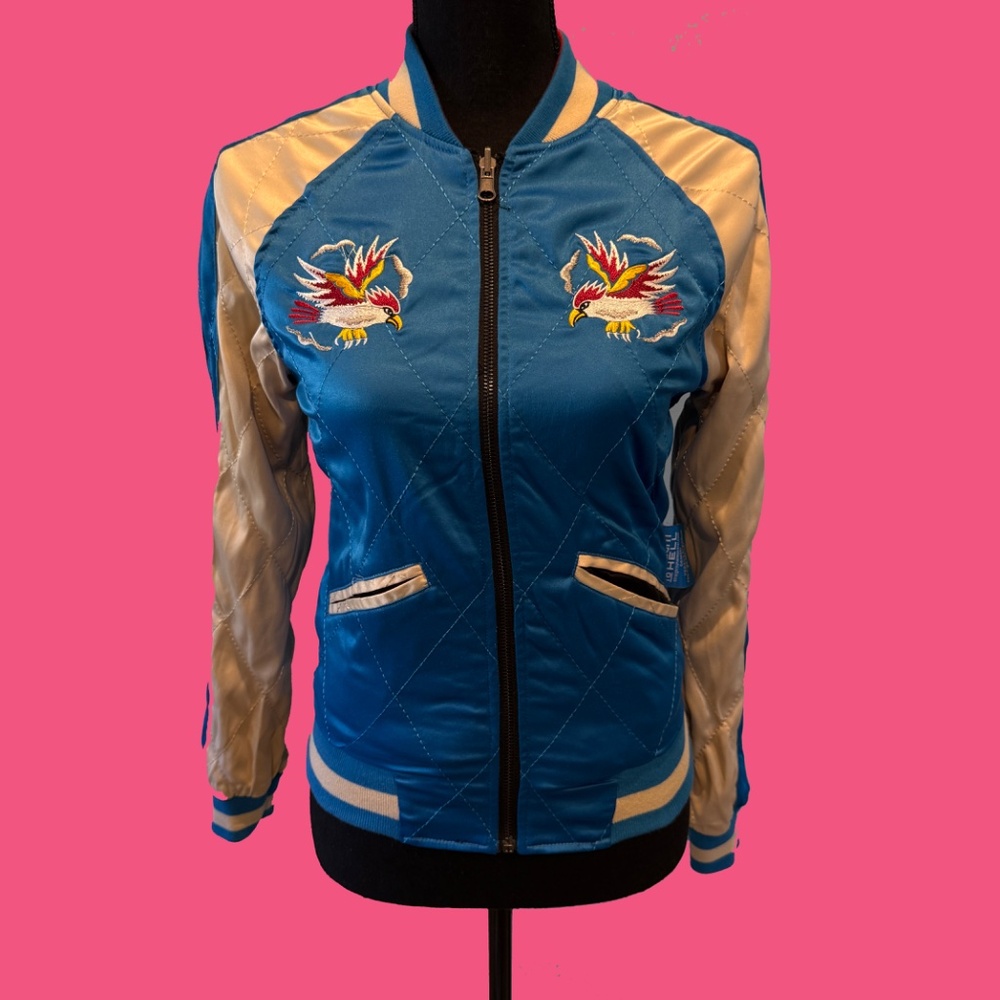 NWT Straight to Hell Black and Blue Souvenir Reversible Satin Jacket - Picture 6 of 10